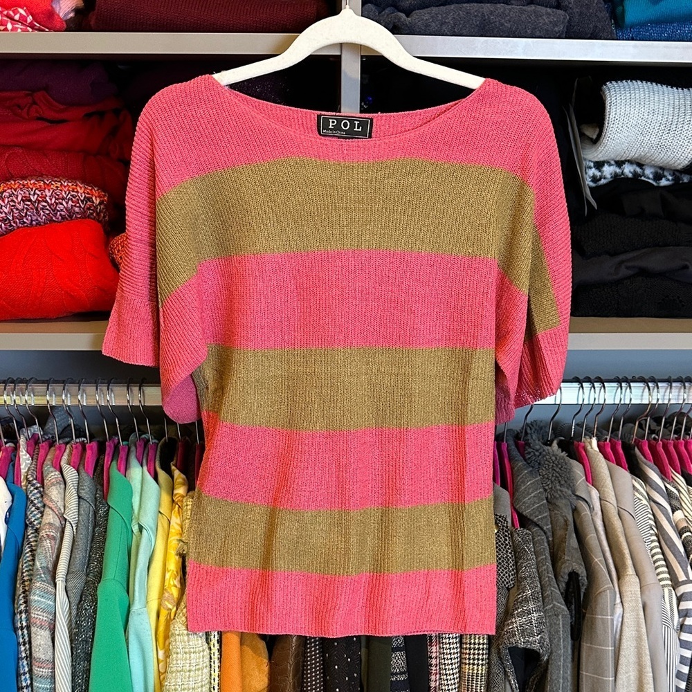 POL pink/tan striped short sleeve boat neck ribbed sweater size L